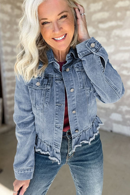 Beau Blue Ruffle Raw Hem Flap Pockets Denim Jacket - Love Salve 
