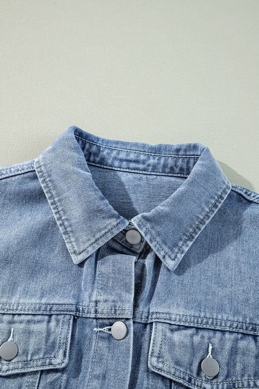 Beau Blue Ruffle Raw Hem Flap Pockets Denim Jacket - Love Salve 