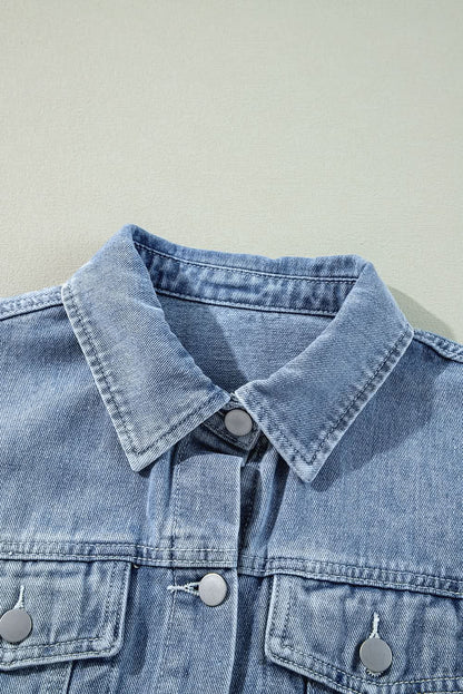 Beau Blue Ruffle Raw Hem Flap Pockets Denim Jacket - Love Salve 