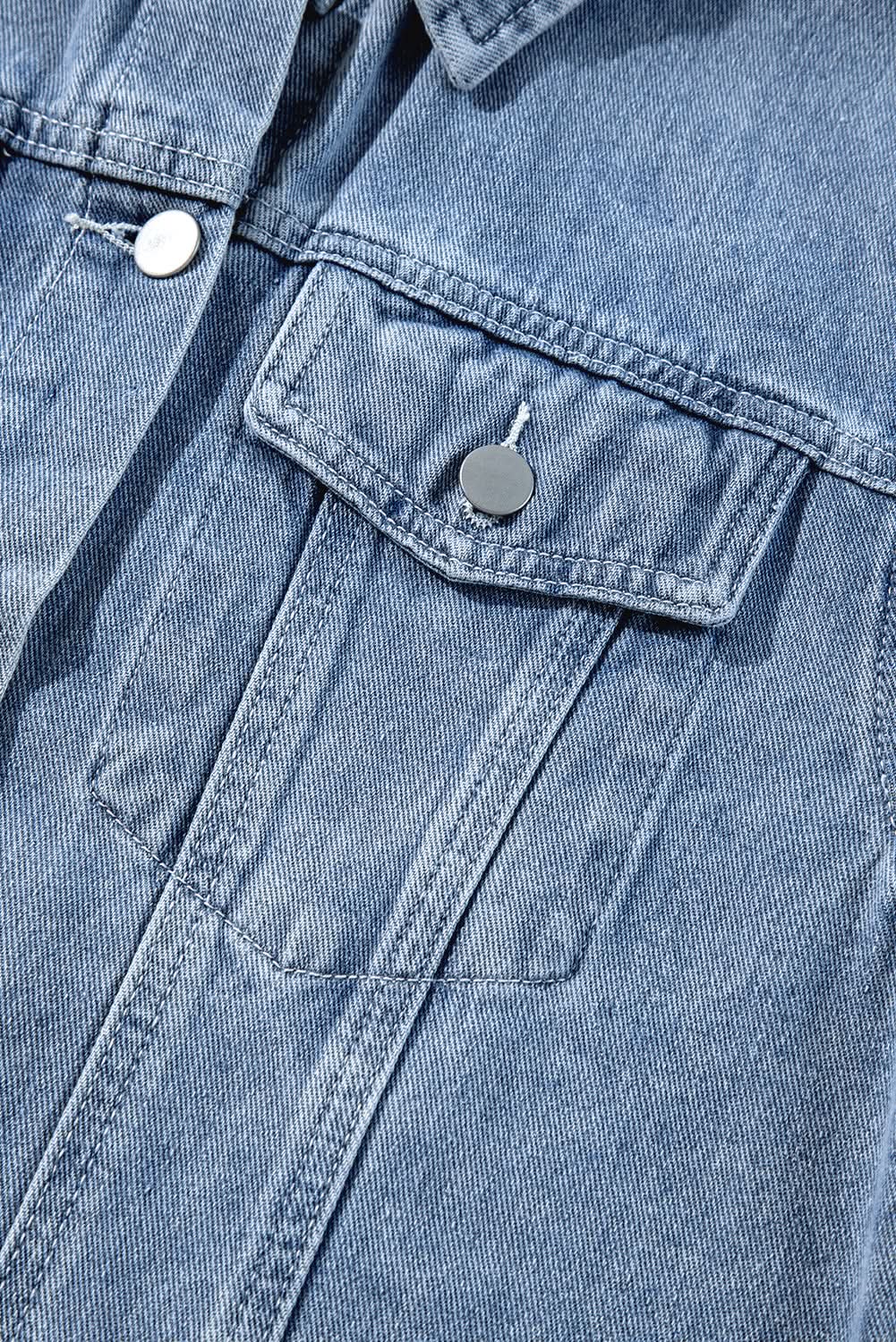 Beau Blue Ruffle Raw Hem Flap Pockets Denim Jacket - Love Salve 