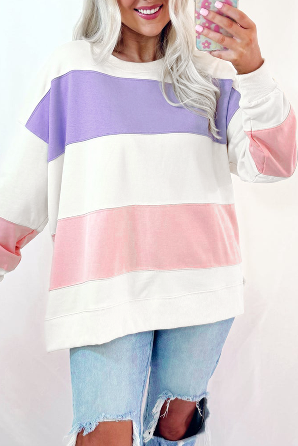 Beige Colorblock Patchwork Drop Shoulder Crewneck Sweatshirt - Love Salve 