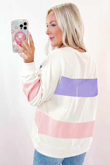 Beige Colorblock Patchwork Drop Shoulder Crewneck Sweatshirt - Love Salve 