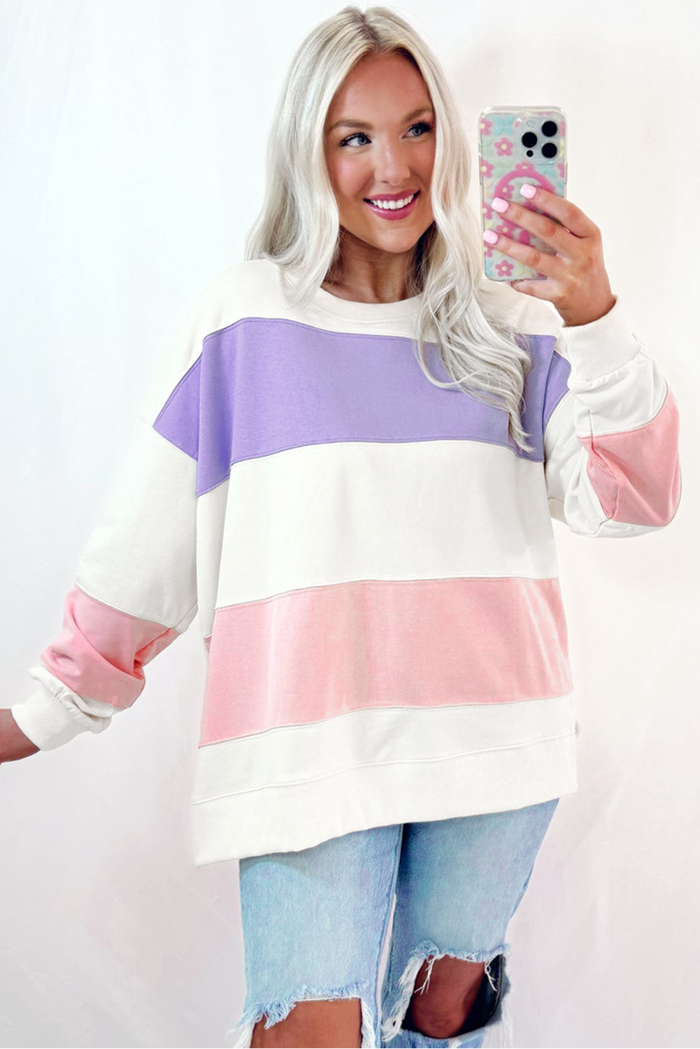 Beige Colorblock Patchwork Drop Shoulder Crewneck Sweatshirt - Love Salve 