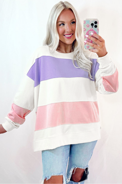 Beige Colorblock Patchwork Drop Shoulder Crewneck Sweatshirt - Love Salve 