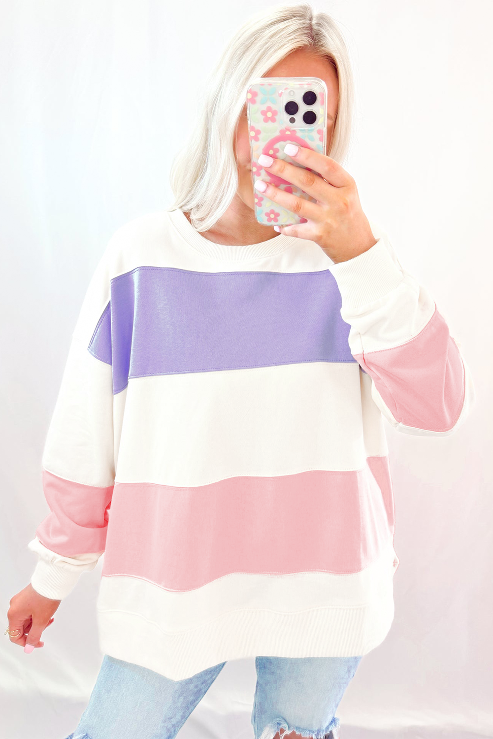 Beige Colorblock Patchwork Drop Shoulder Crewneck Sweatshirt - Love Salve 