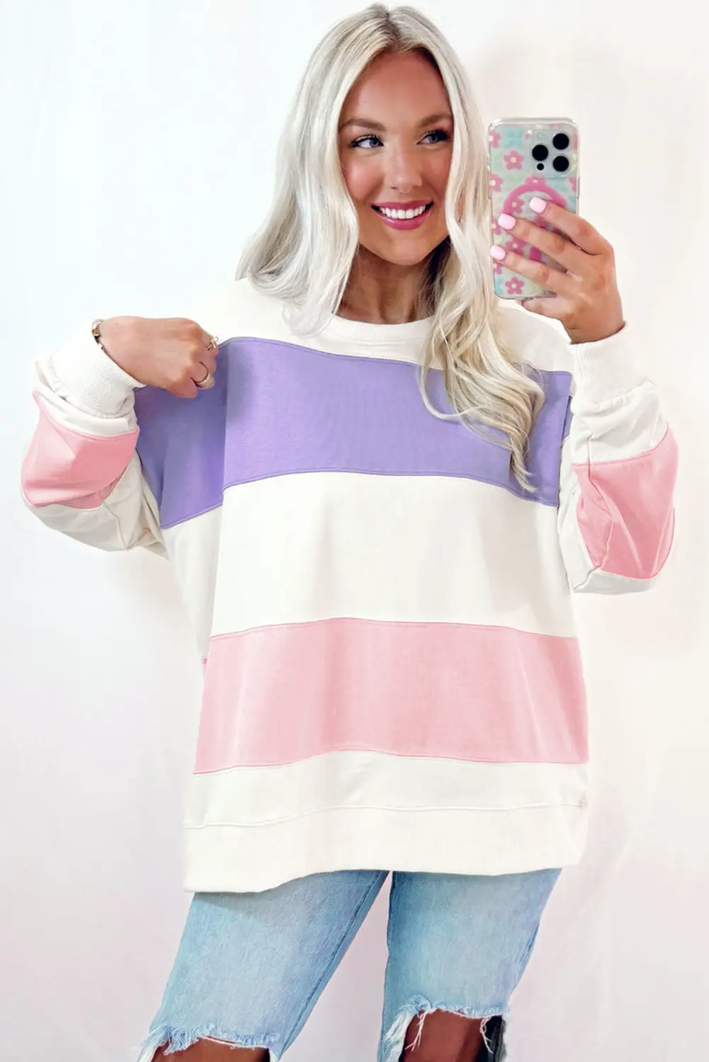 Beige Colorblock Patchwork Drop Shoulder Crewneck Sweatshirt - Love Salve 