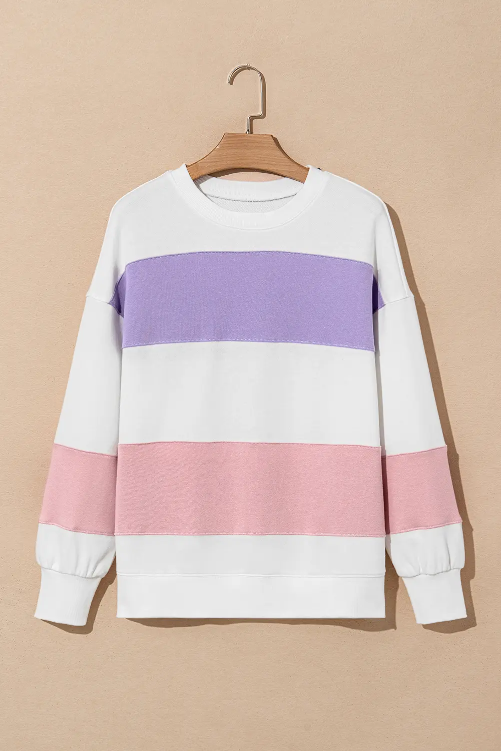 Beige Colorblock Patchwork Drop Shoulder Crewneck Sweatshirt - Love Salve 
