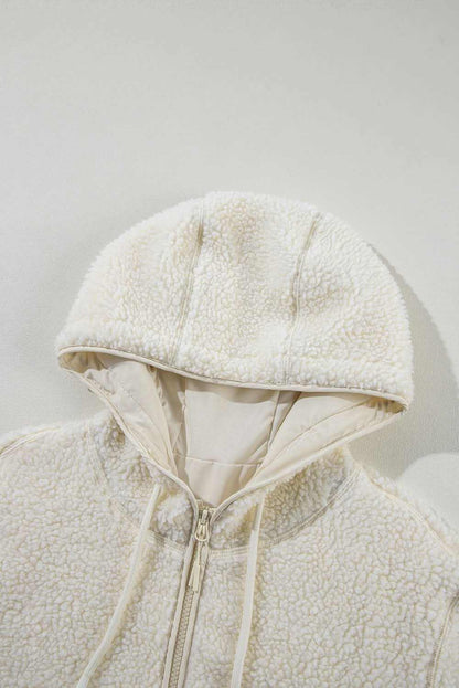 Beige Fleece Zip Up Drawstring Hooded Pocketed Jacket - Love Salve 