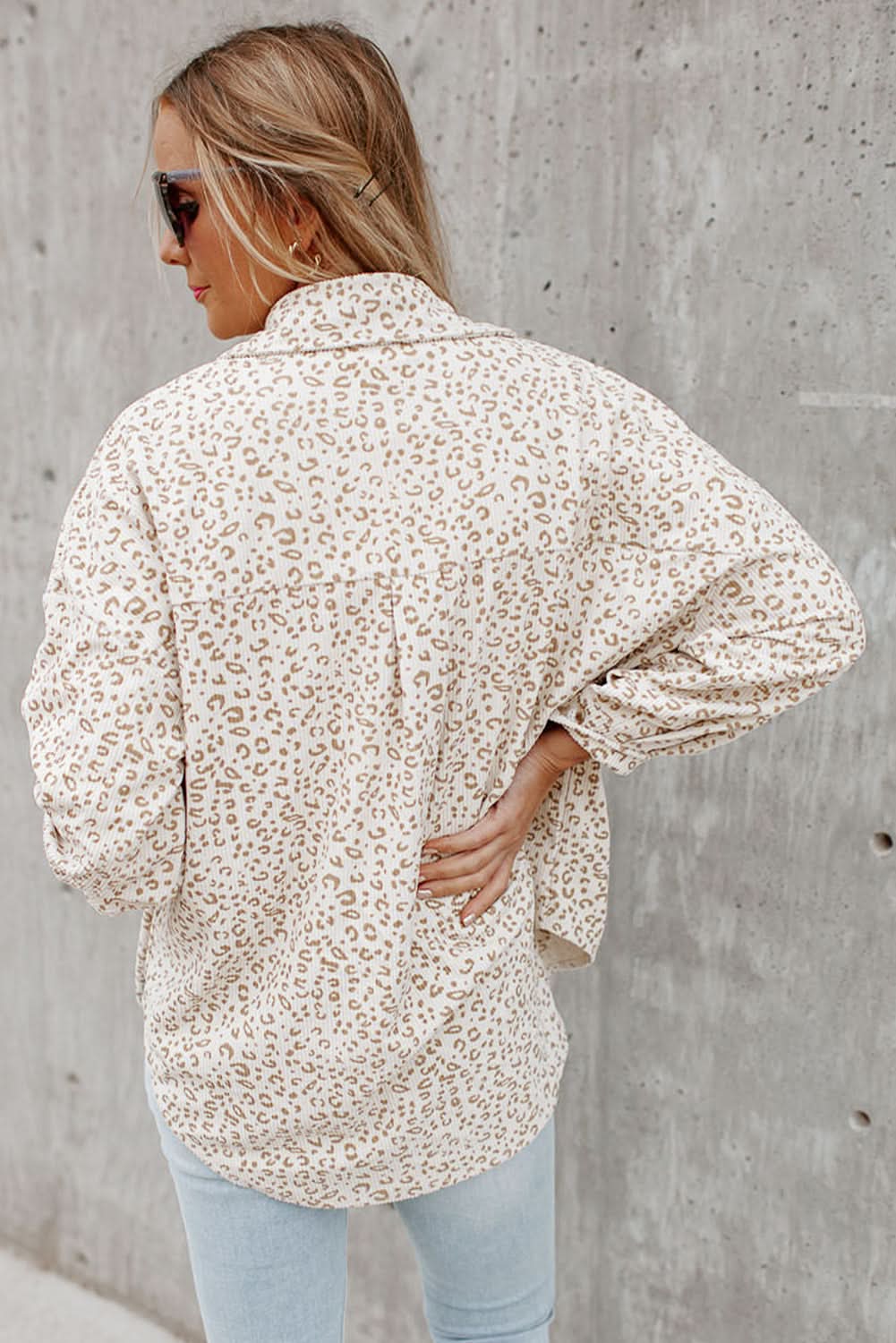 Beige Leopard Print Flap Pockets Buttoned Corduroy Shacket - Love Salve 