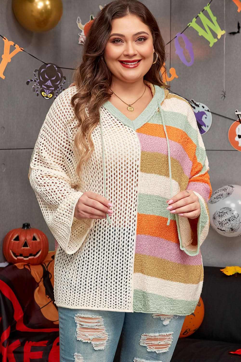 Beige Pointelle Knit Colorblock Patchwork V Neck Hooded Plus Sweater 