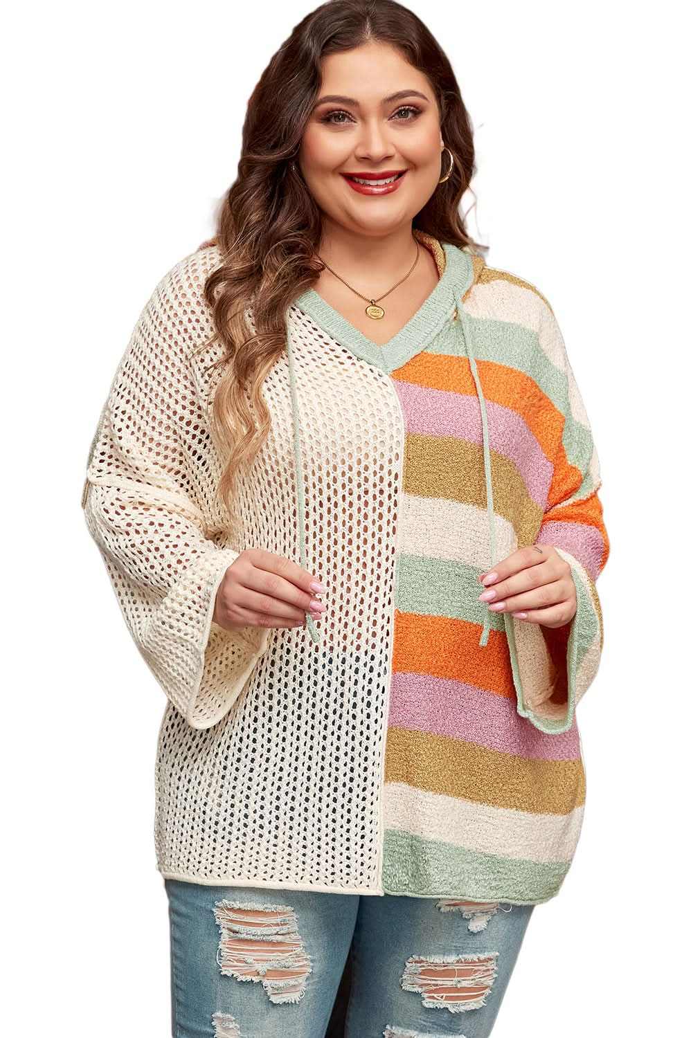 Beige Pointelle Knit Colorblock Patchwork V Neck Hooded Plus Sweater - Love Salve 