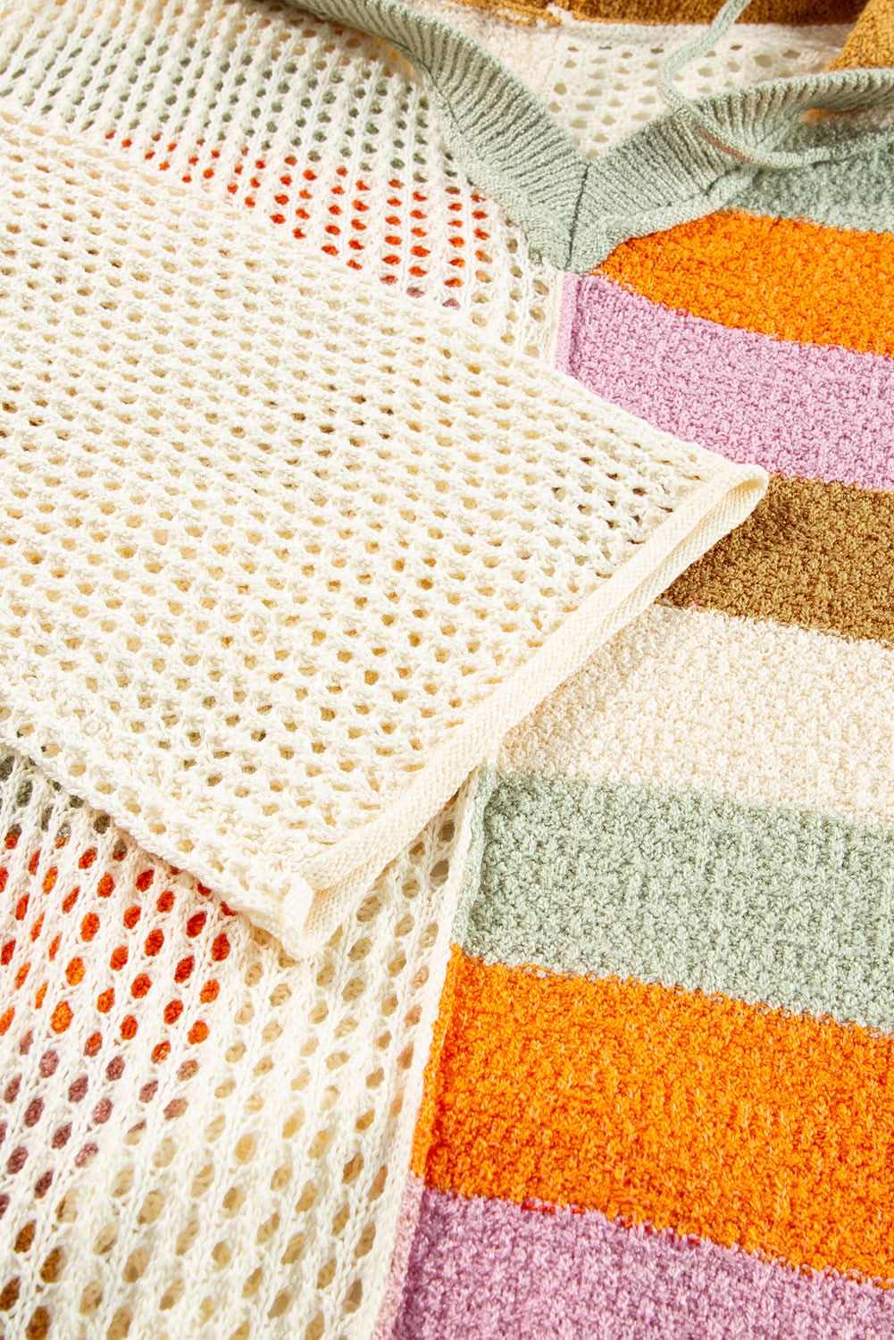 Beige Pointelle Knit Colorblock Patchwork V Neck Hooded Plus Sweater - Love Salve 