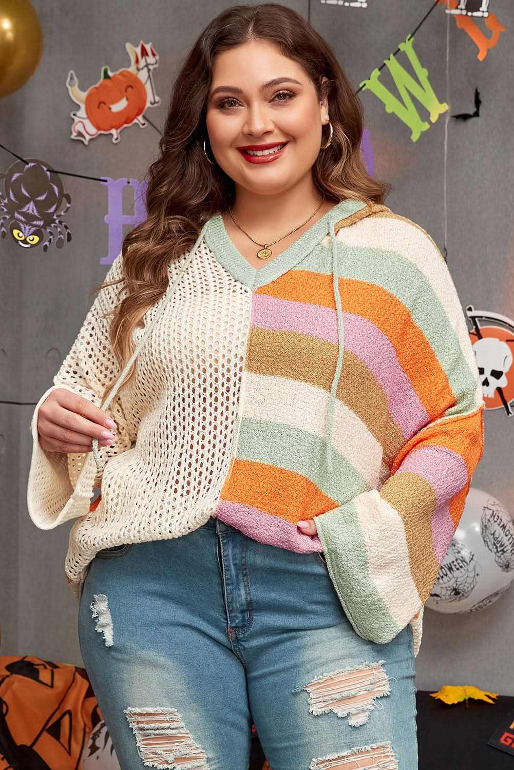 Beige Pointelle Knit Colorblock Patchwork V Neck Hooded Plus Sweater - Love Salve 