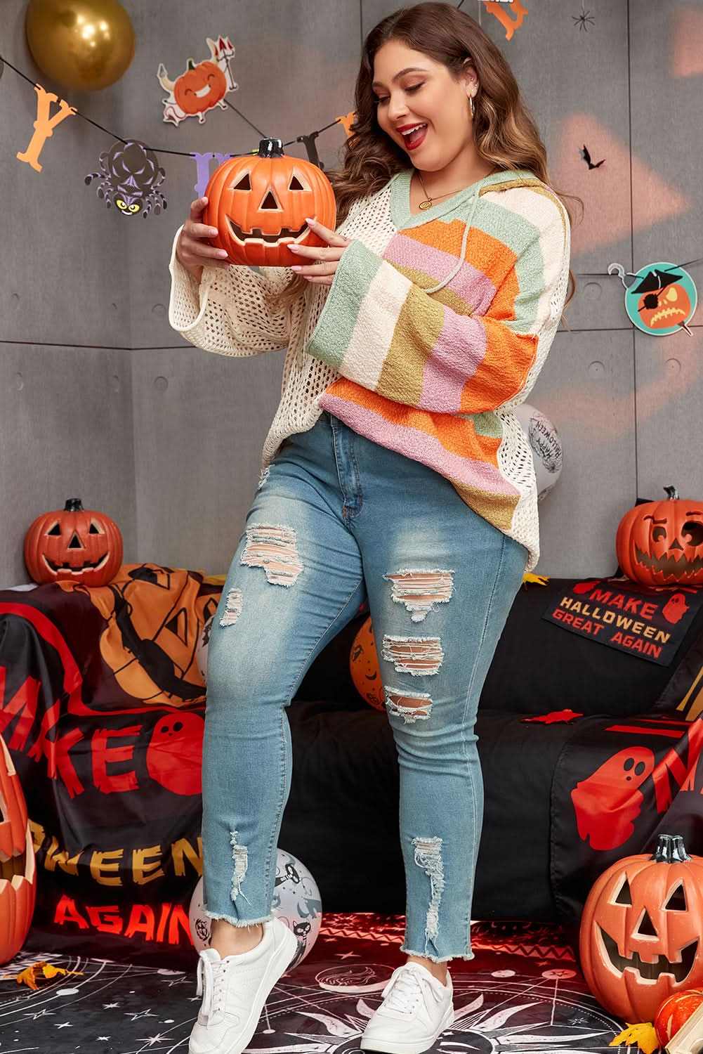 Beige Pointelle Knit Colorblock Patchwork V Neck Hooded Plus Sweater - Love Salve 