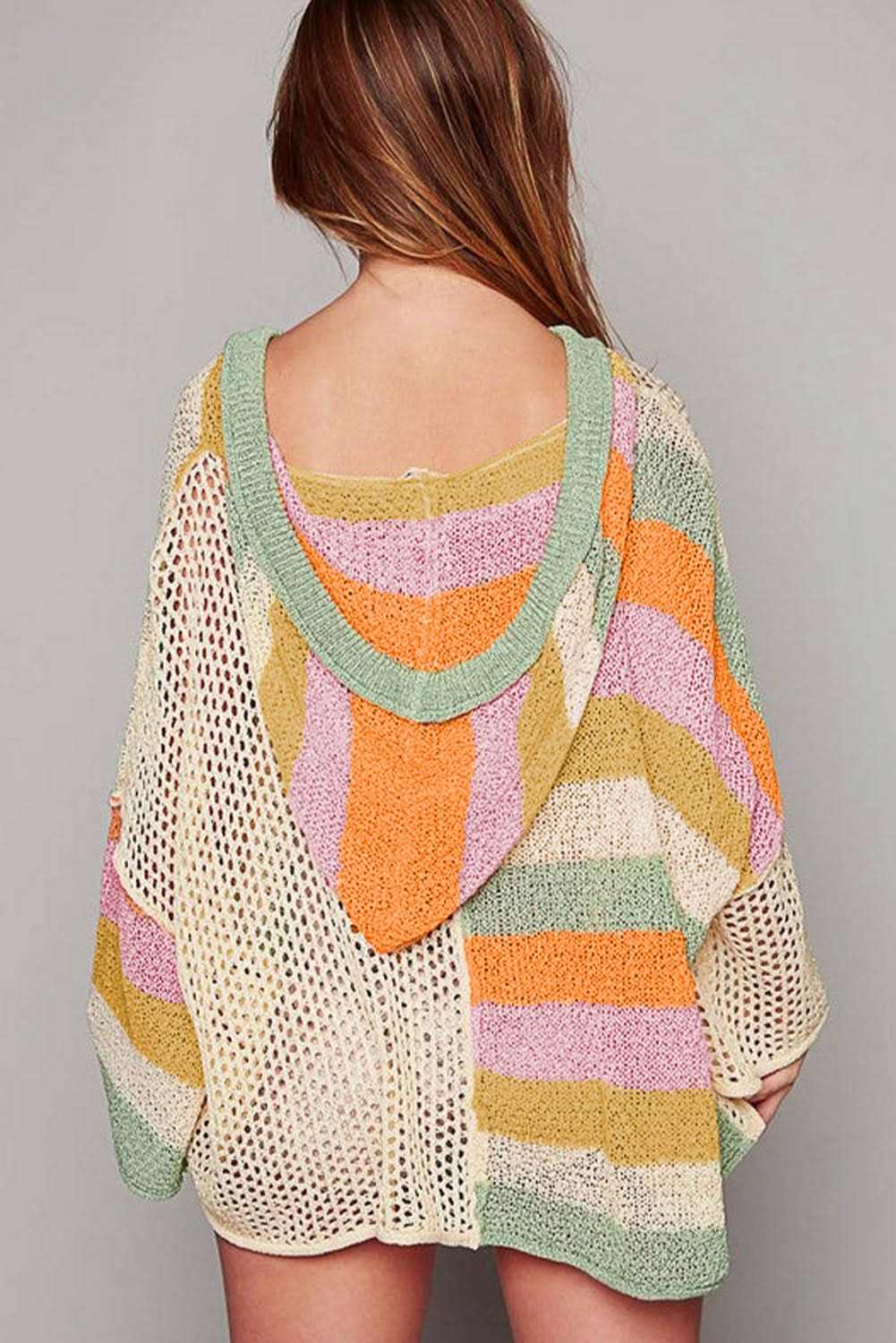 Beige Pointelle Knit Colorblock Patchwork V Neck Hooded Plus Sweater - Love Salve 