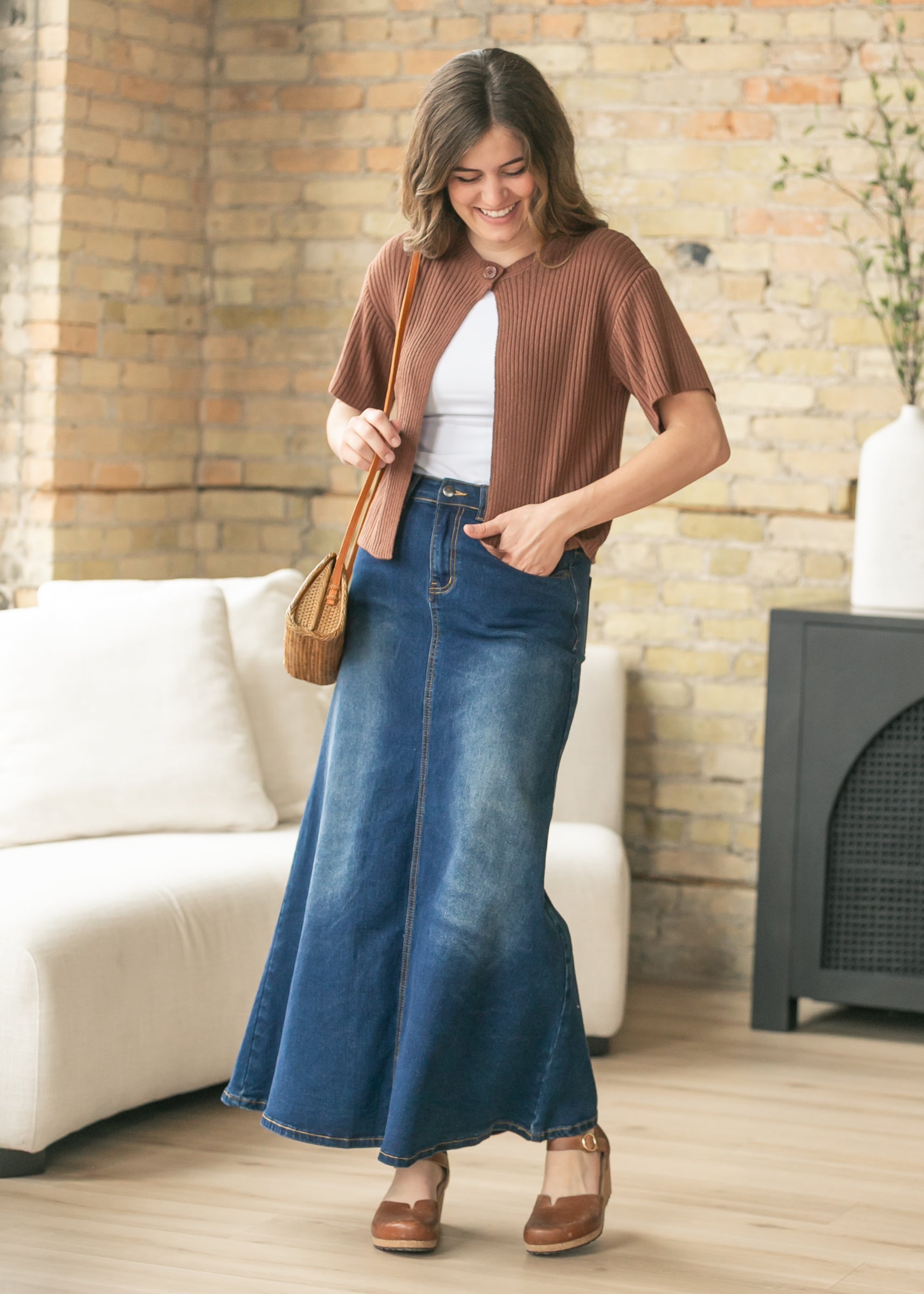Inherit Co. Bethany Dark Wash A-line Long Denim Skirt, showcasing its elegant length and versatile style.