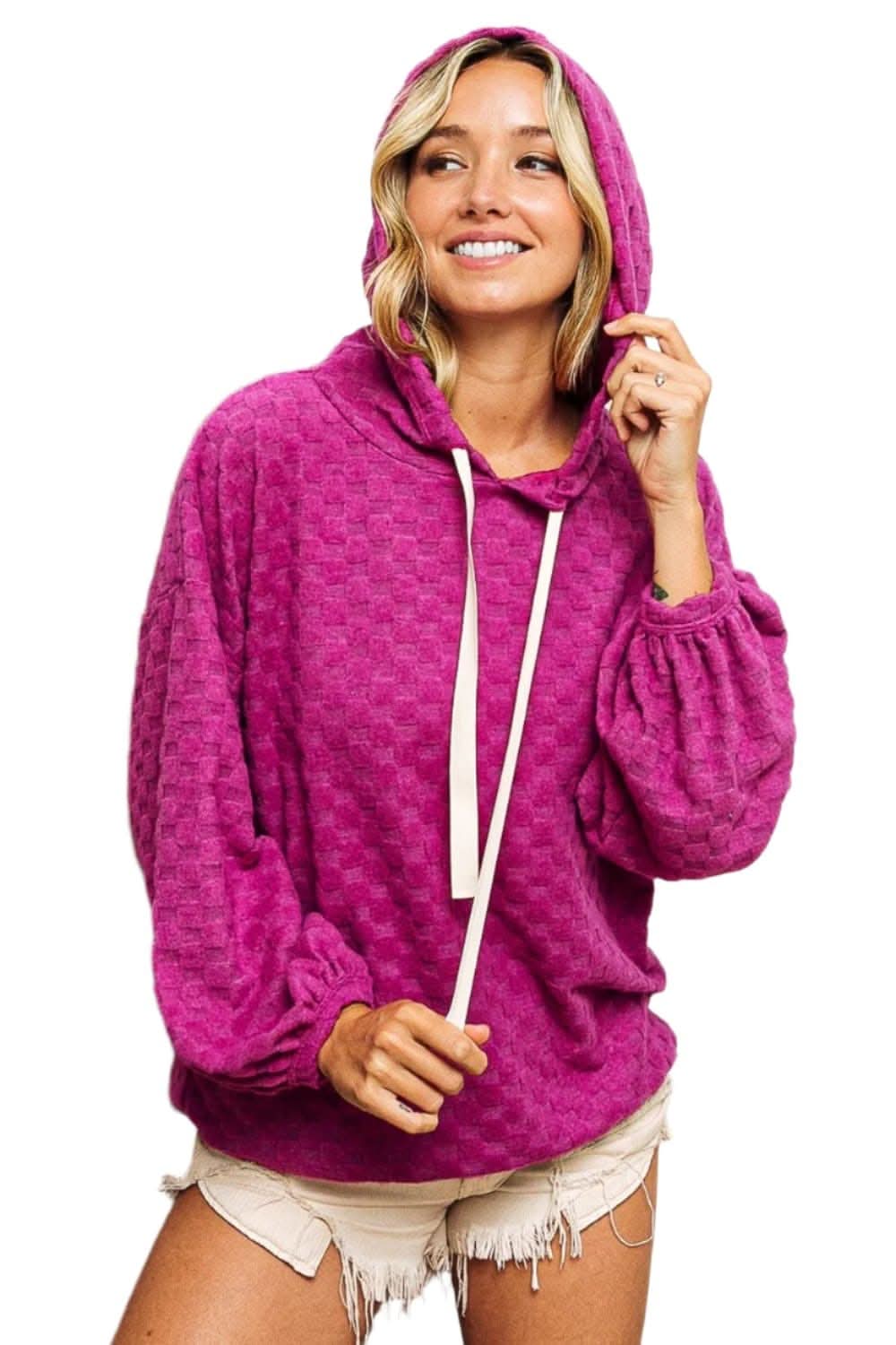 BiBi Brushed Checker Drawstring Long Sleeve Hoodie 