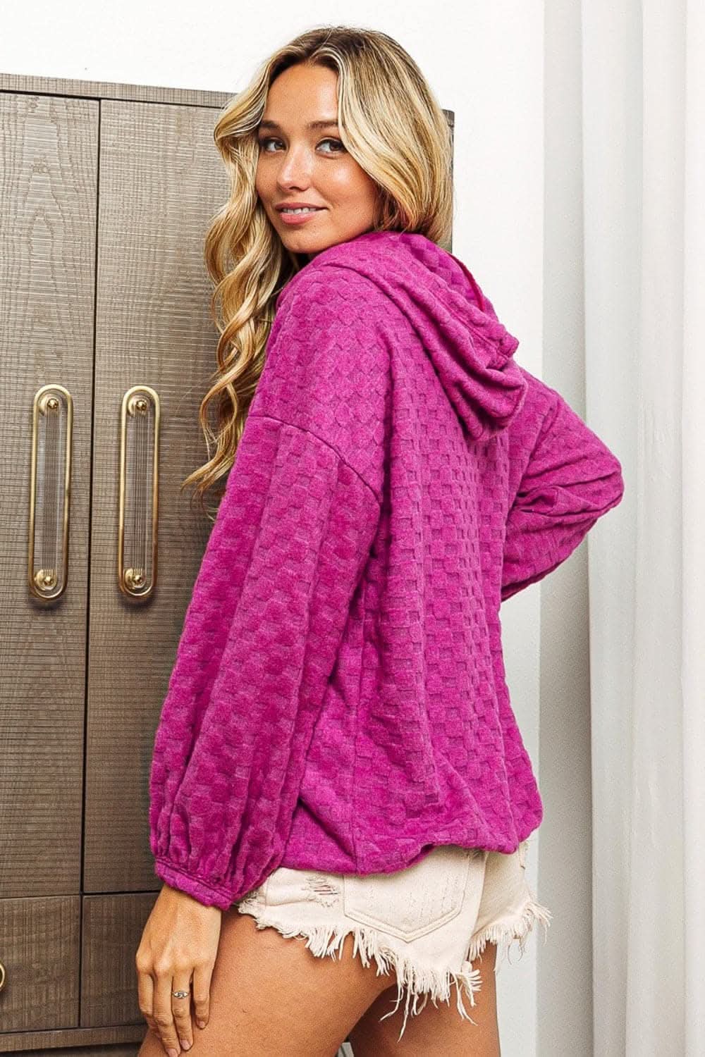 BiBi Brushed Checker Drawstring Long Sleeve Hoodie - Love Salve 