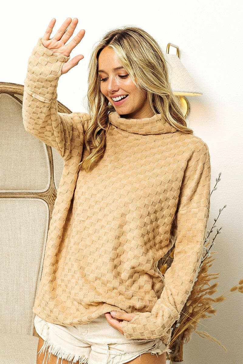 BiBi Checkered Round Neck Thumbhole Long Sleeve Top - Love Salve 