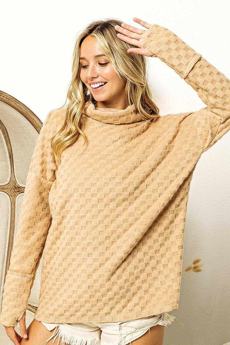 BiBi Checkered Round Neck Thumbhole Long Sleeve Top - Love Salve 