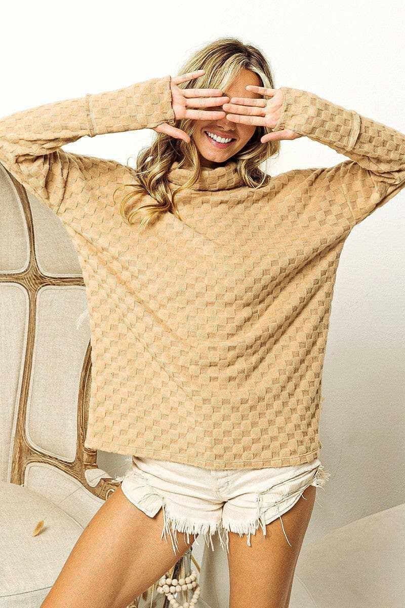 BiBi Checkered Round Neck Thumbhole Long Sleeve Top - Love Salve 