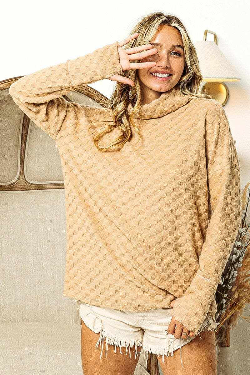 BiBi Checkered Round Neck Thumbhole Long Sleeve Top - Love Salve 