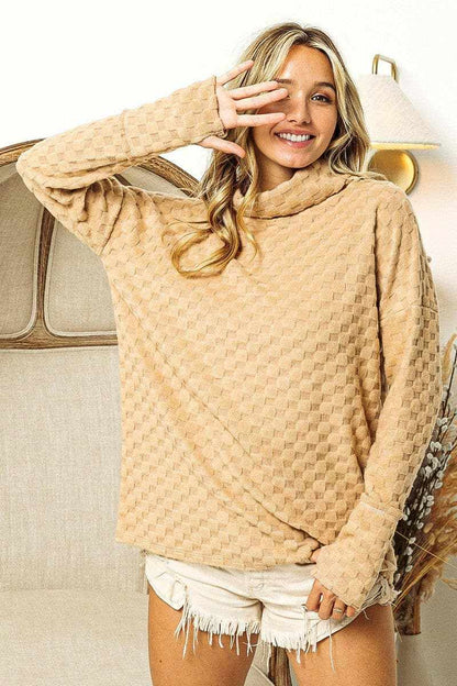 BiBi Checkered Round Neck Thumbhole Long Sleeve Top - Love Salve 