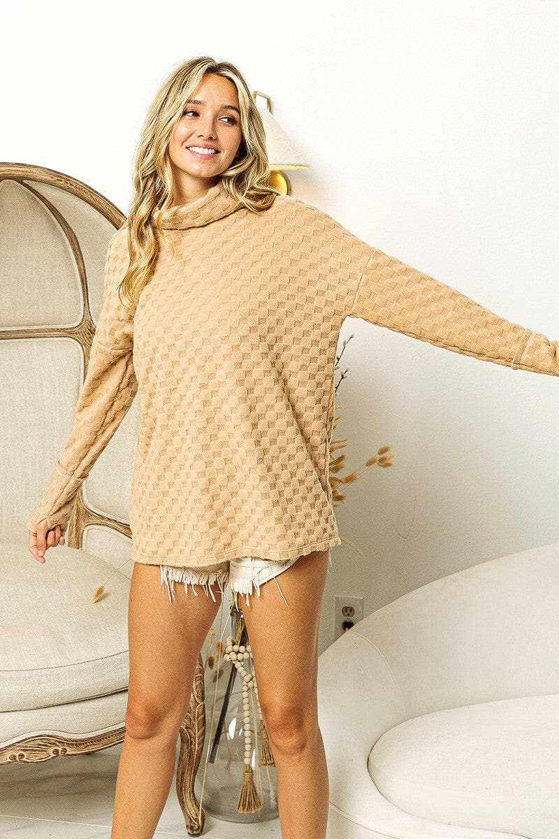 BiBi Checkered Round Neck Thumbhole Long Sleeve Top - Love Salve 