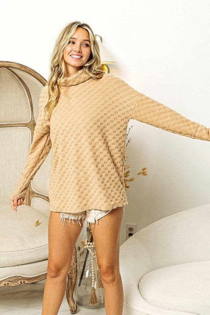 BiBi Checkered Round Neck Thumbhole Long Sleeve Top - Love Salve 