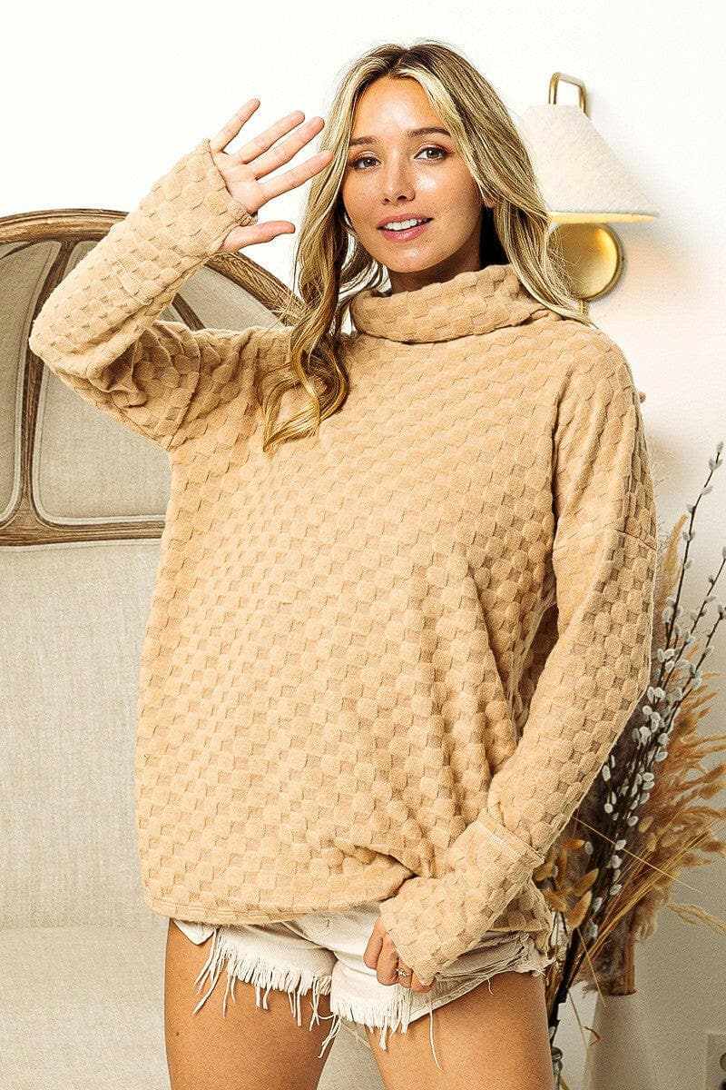 BiBi Checkered Round Neck Thumbhole Long Sleeve Top - Love Salve 