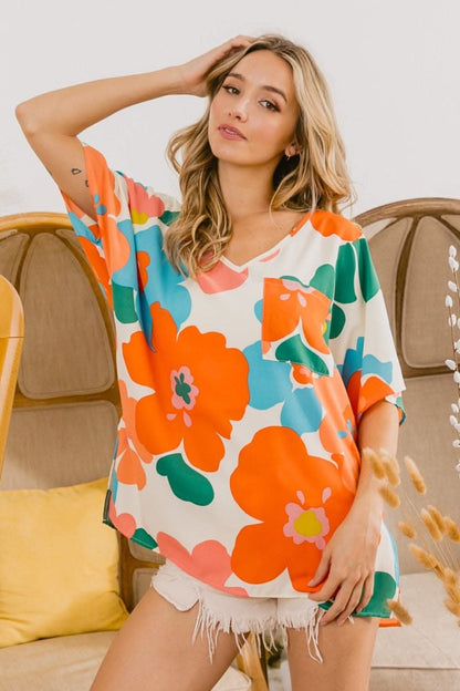 BiBi Floral V Neck Slit Side T-Shirt 