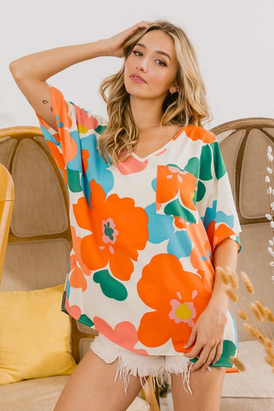 BiBi Floral V Neck Slit Side T-Shirt - Love Salve 