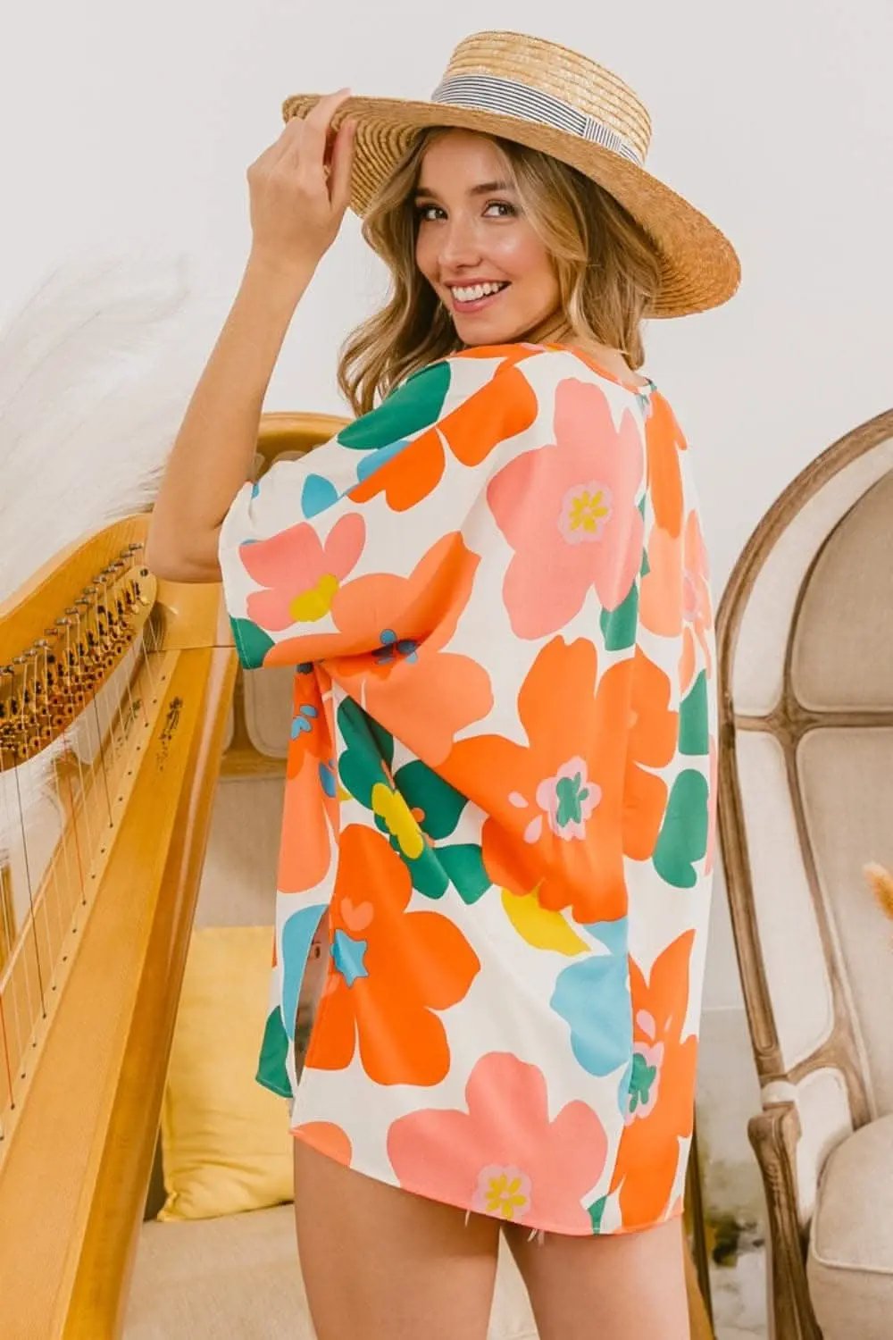 BiBi Floral V Neck Slit Side T-Shirt - Love Salve 