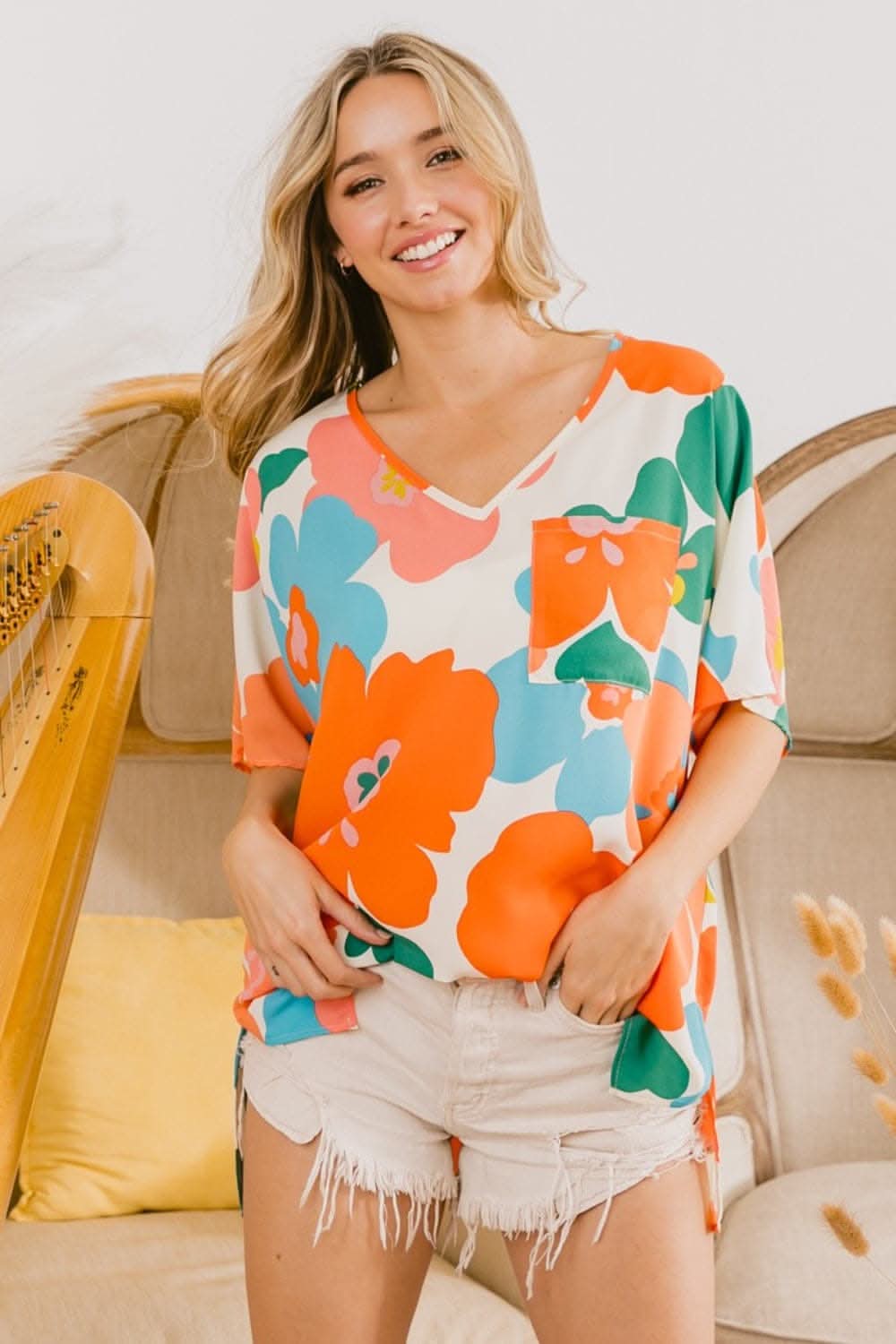 BiBi Floral V Neck Slit Side T-Shirt - Love Salve 