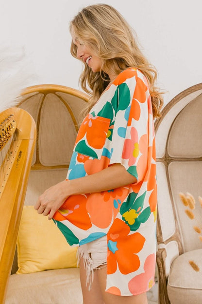BiBi Floral V Neck Slit Side T-Shirt 