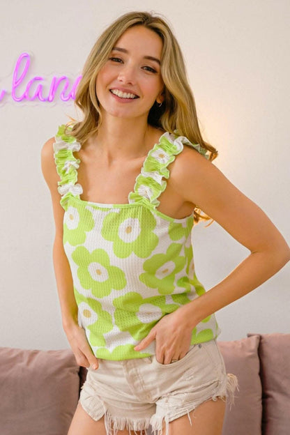 BiBi Floral Waffle Ruffled Tank - Love Salve 