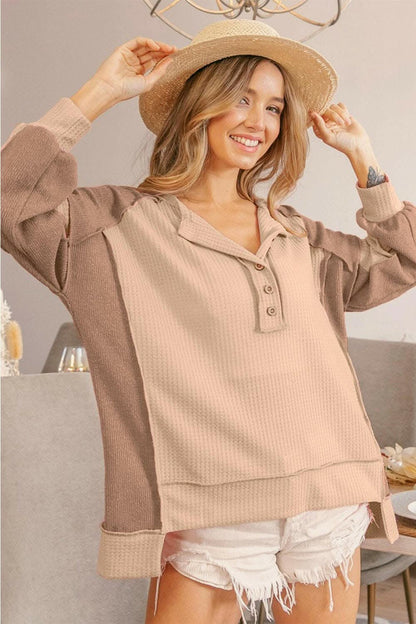 BiBi Half Button Exposed Seam Contrast Waffle Top - Love Salve 