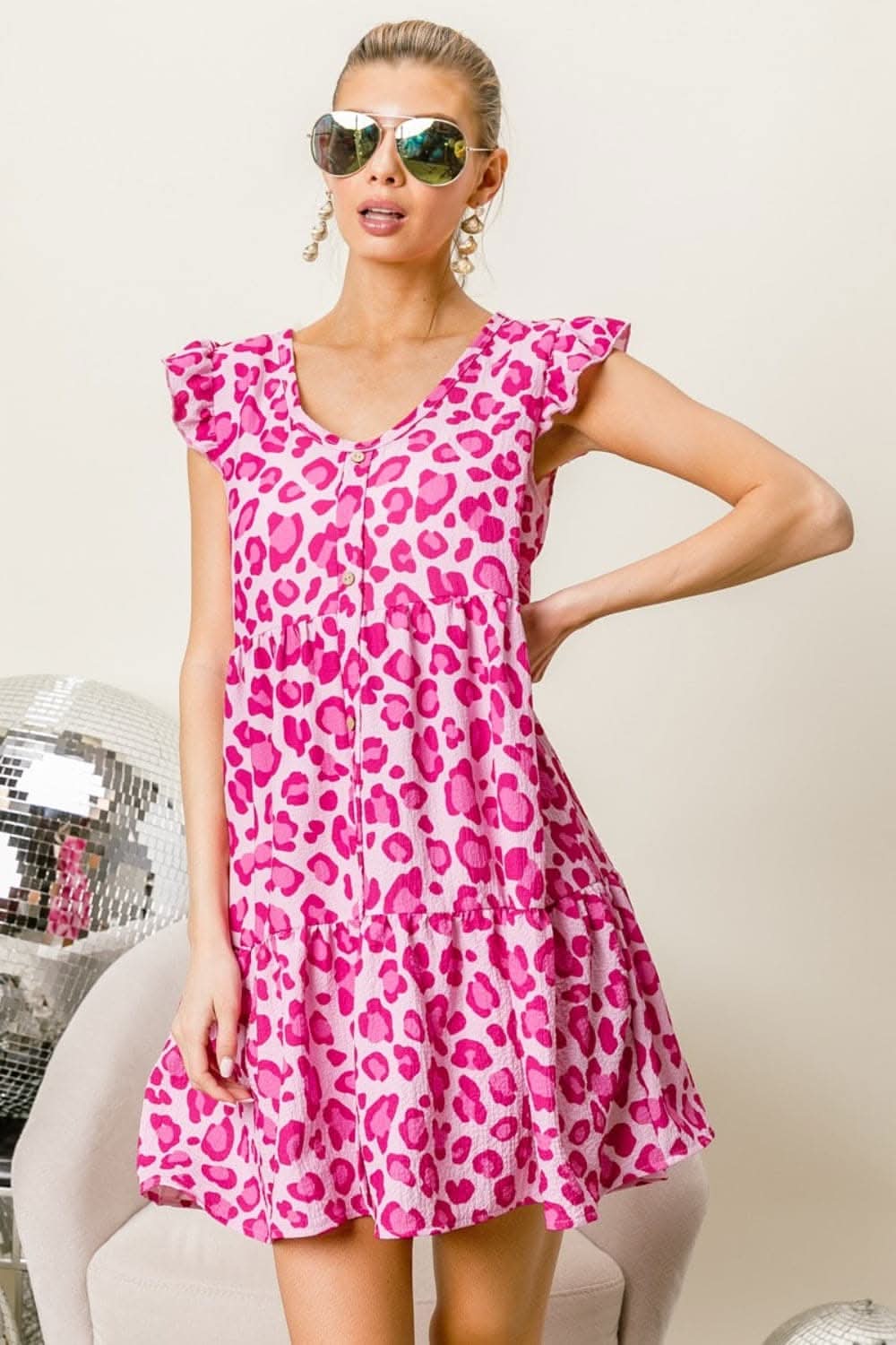 BiBi Leopard Cap Sleeve Tiered Mini Dress for Wild Style - Love Salve 