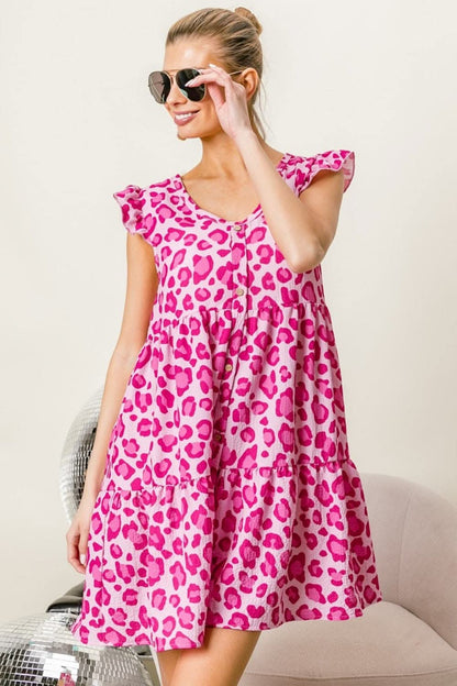 BiBi Leopard Cap Sleeve Tiered Mini Dress for Wild Style - Love Salve 