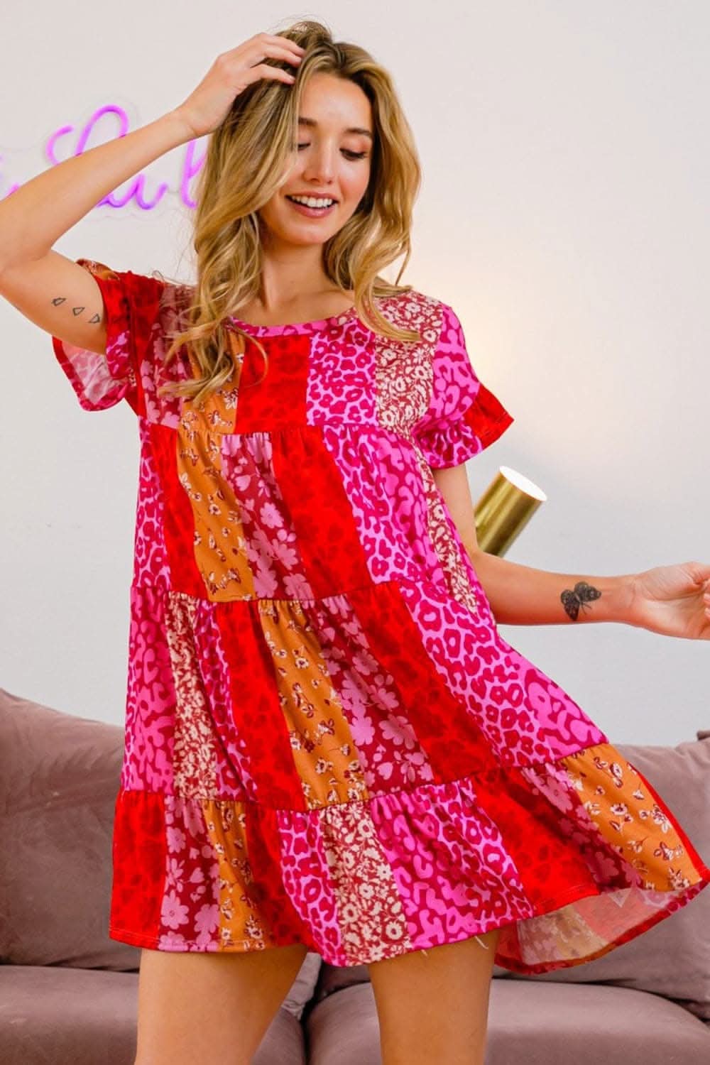 BiBi Leopard Short Sleeve Tiered Dress for Bold Style - Love Salve 