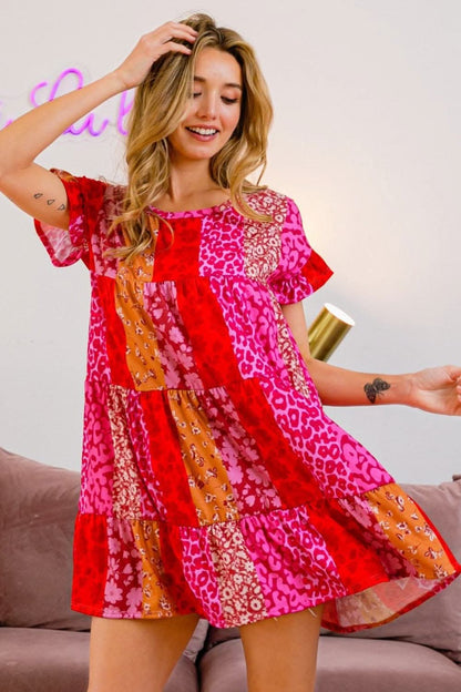 BiBi Leopard Short Sleeve Tiered Dress for Bold Style - Love Salve 