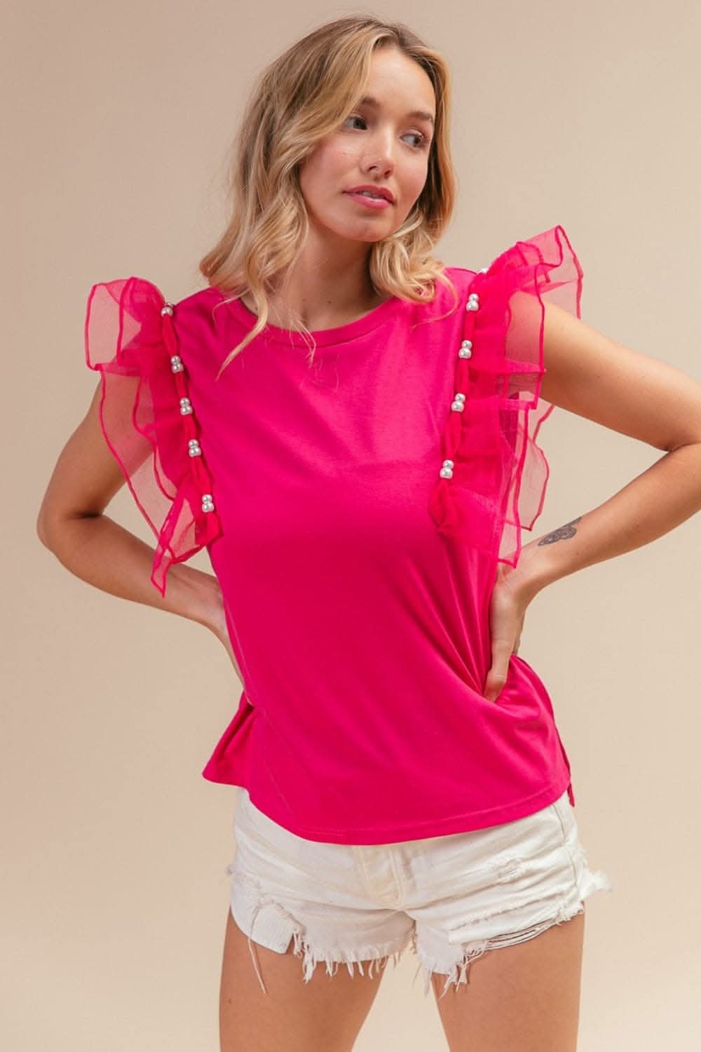 BiBi Pearl Decor Mesh Ruffle Sleeve Top - Love Salve 