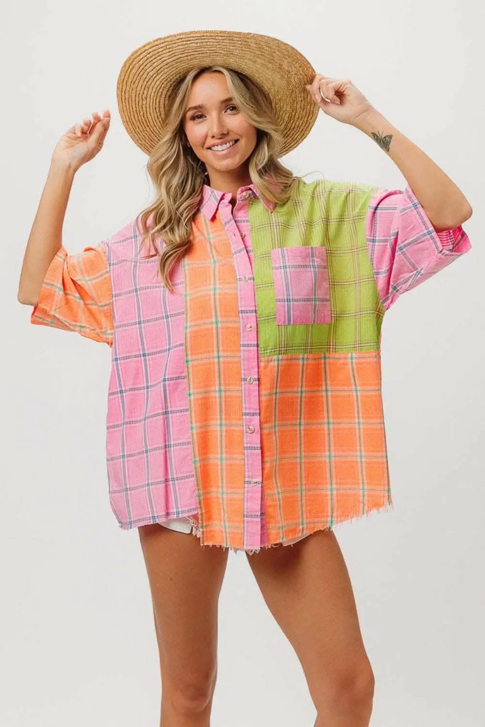 BiBi Plaid Collared Neck Half Sleeve Shirt - Love Salve 