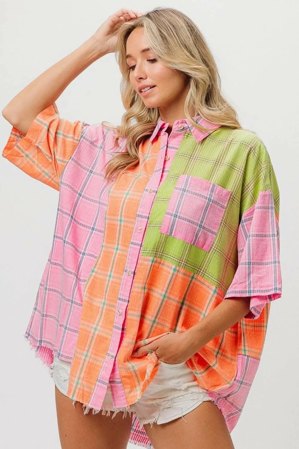 BiBi Plaid Collared Neck Half Sleeve Shirt - Love Salve 
