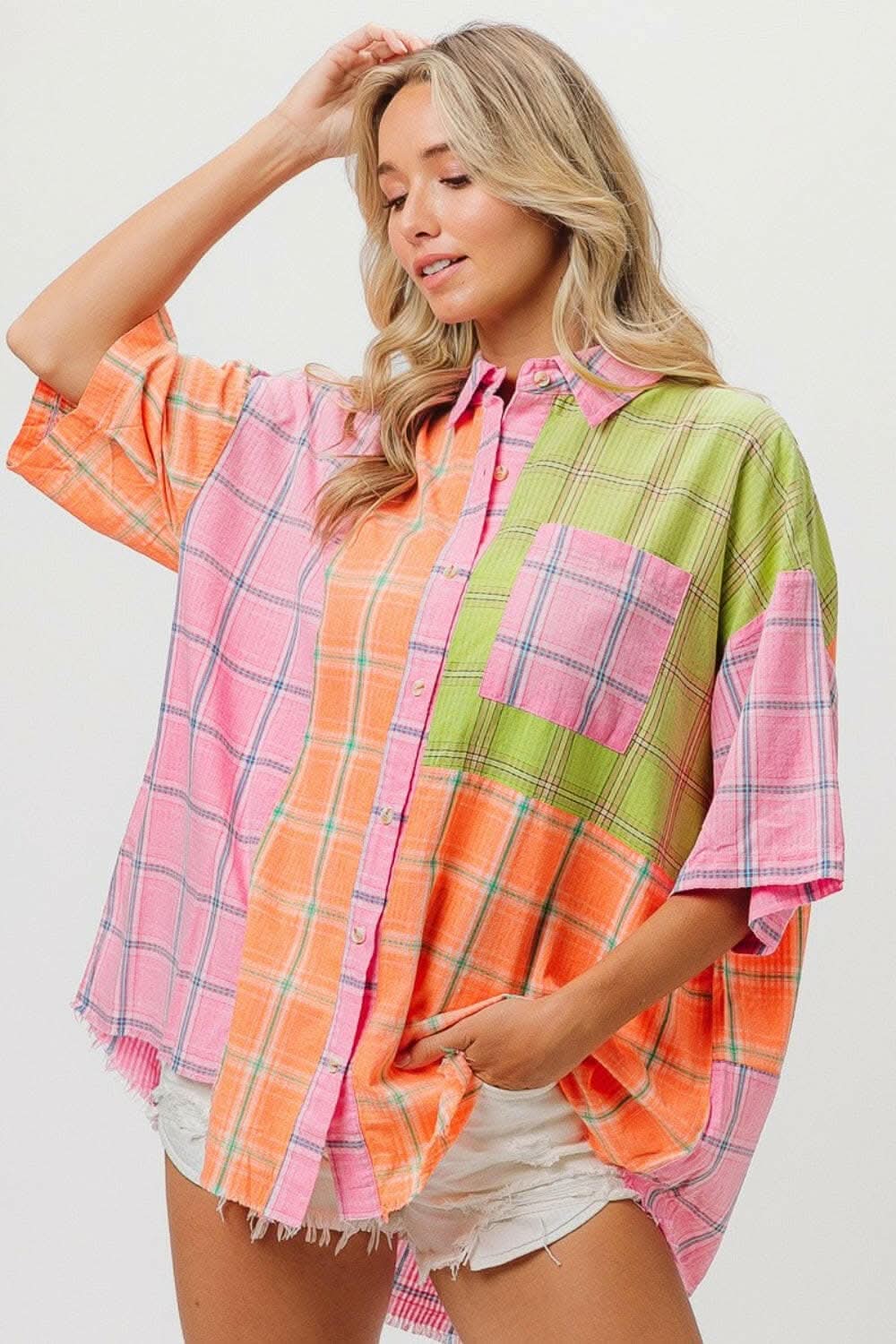 BiBi Plaid Collared Neck Half Sleeve Shirt - Love Salve 