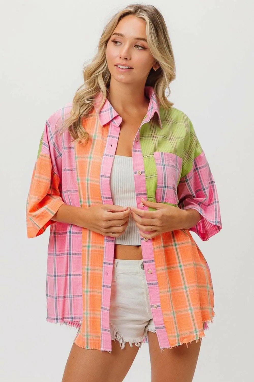 BiBi Plaid Collared Neck Half Sleeve Shirt - Love Salve 