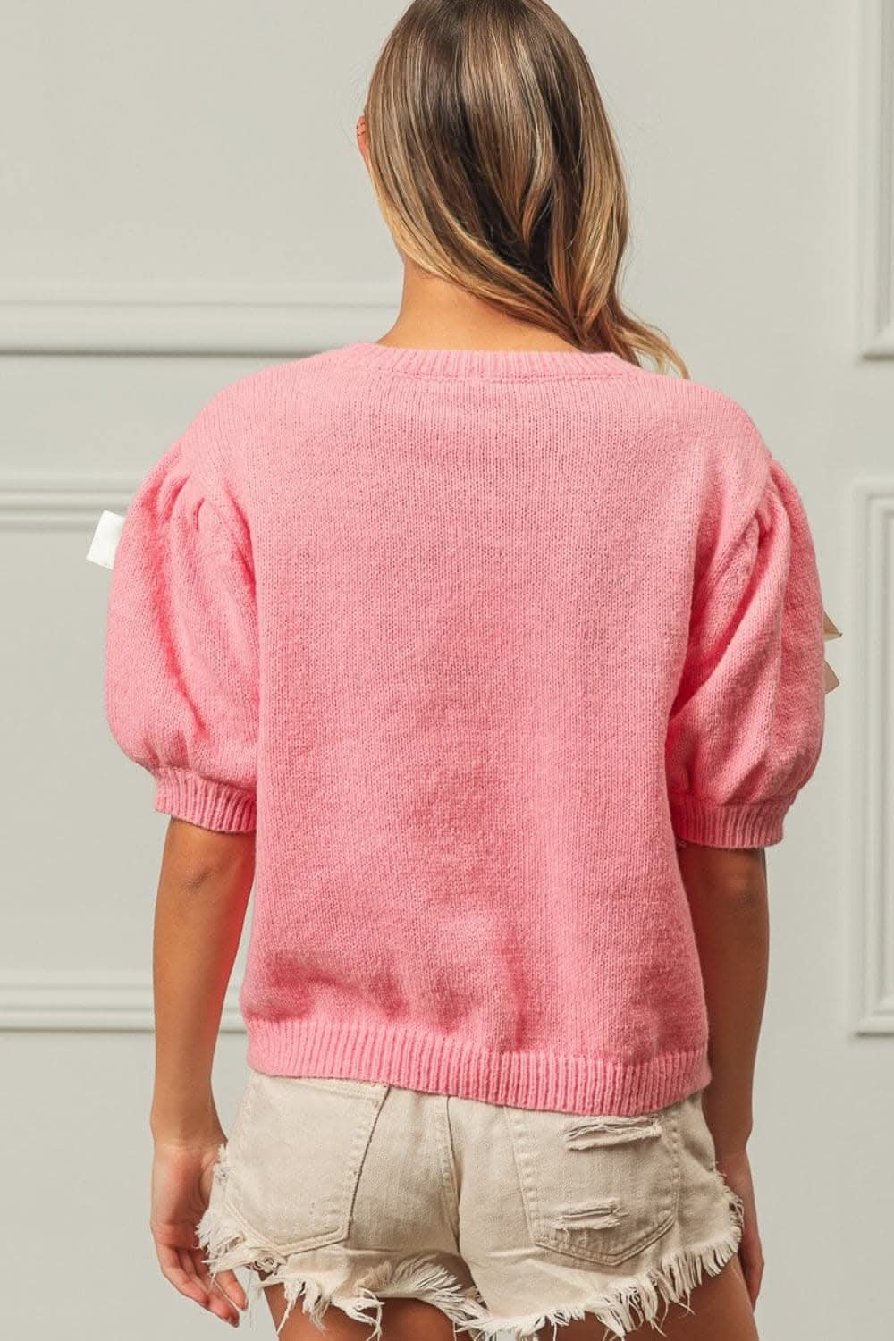 BiBi Ribbon Bow Detail Puff Sleeve Sweater - Love Salve 