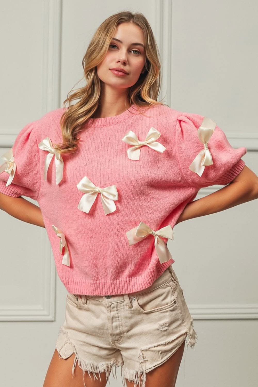BiBi Ribbon Bow Detail Puff Sleeve Sweater - Love Salve 