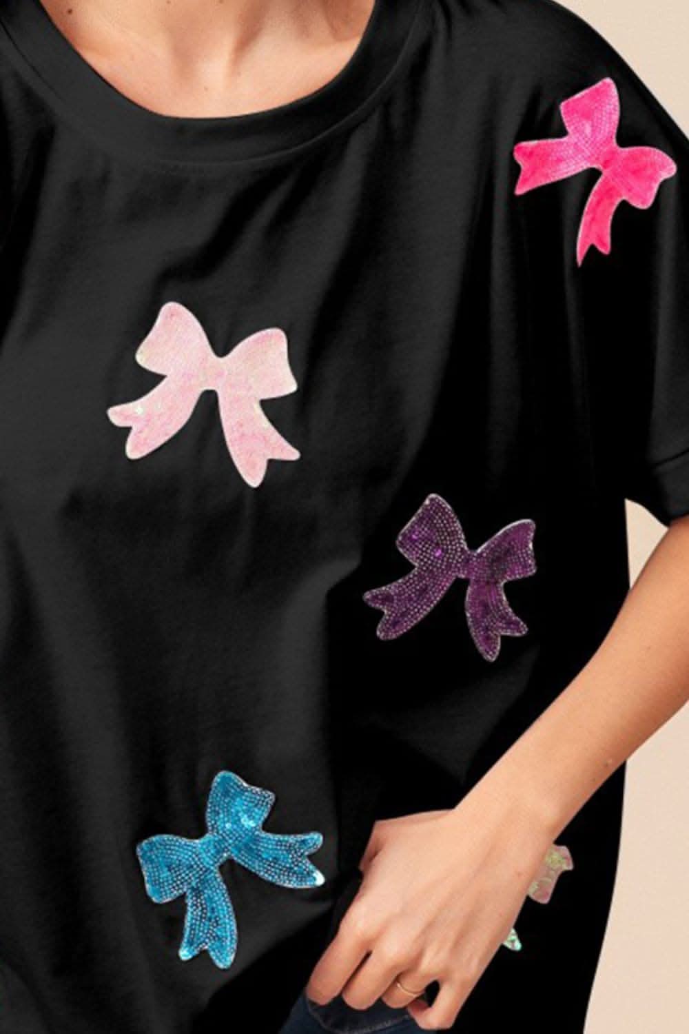 BiBi Sequin Bow Patch Short Sleeve T-Shirt - Love Salve 