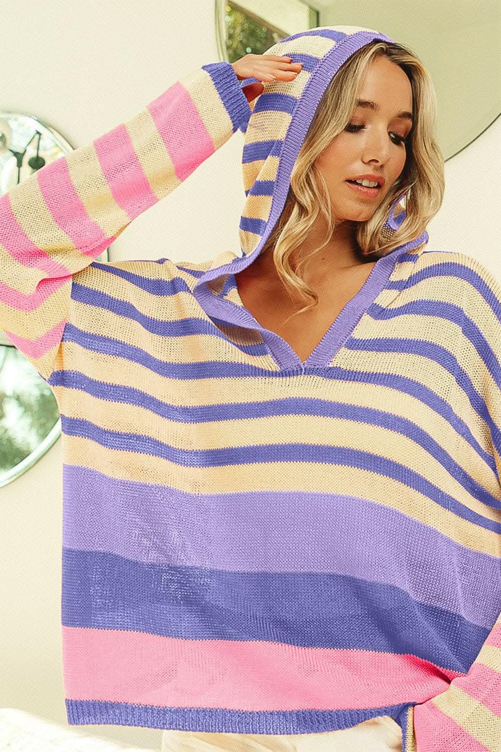 BiBi Striped Color Block Hooded Knit Top - Love Salve 